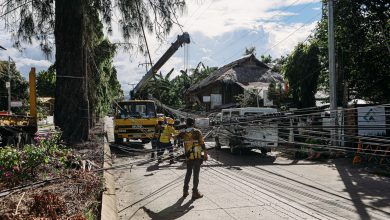 Trabalhadores consertam linhas de energia danificadas após uma tempestade em uma área tropical.