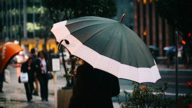 Pessoa caminhando com guarda-chuva em uma rua de São Paulo durante um dia chuvoso.